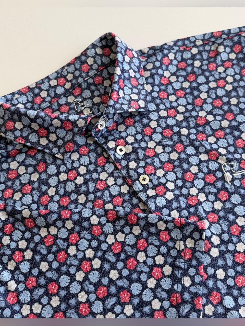 Rhoback Men's XL The Red, White & Hibiscus Polo Shirt Short Sleeve Performance